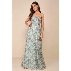 Lulus Most Beautiful Day Sage Multi Floral Print Organza Maxi Dress Green